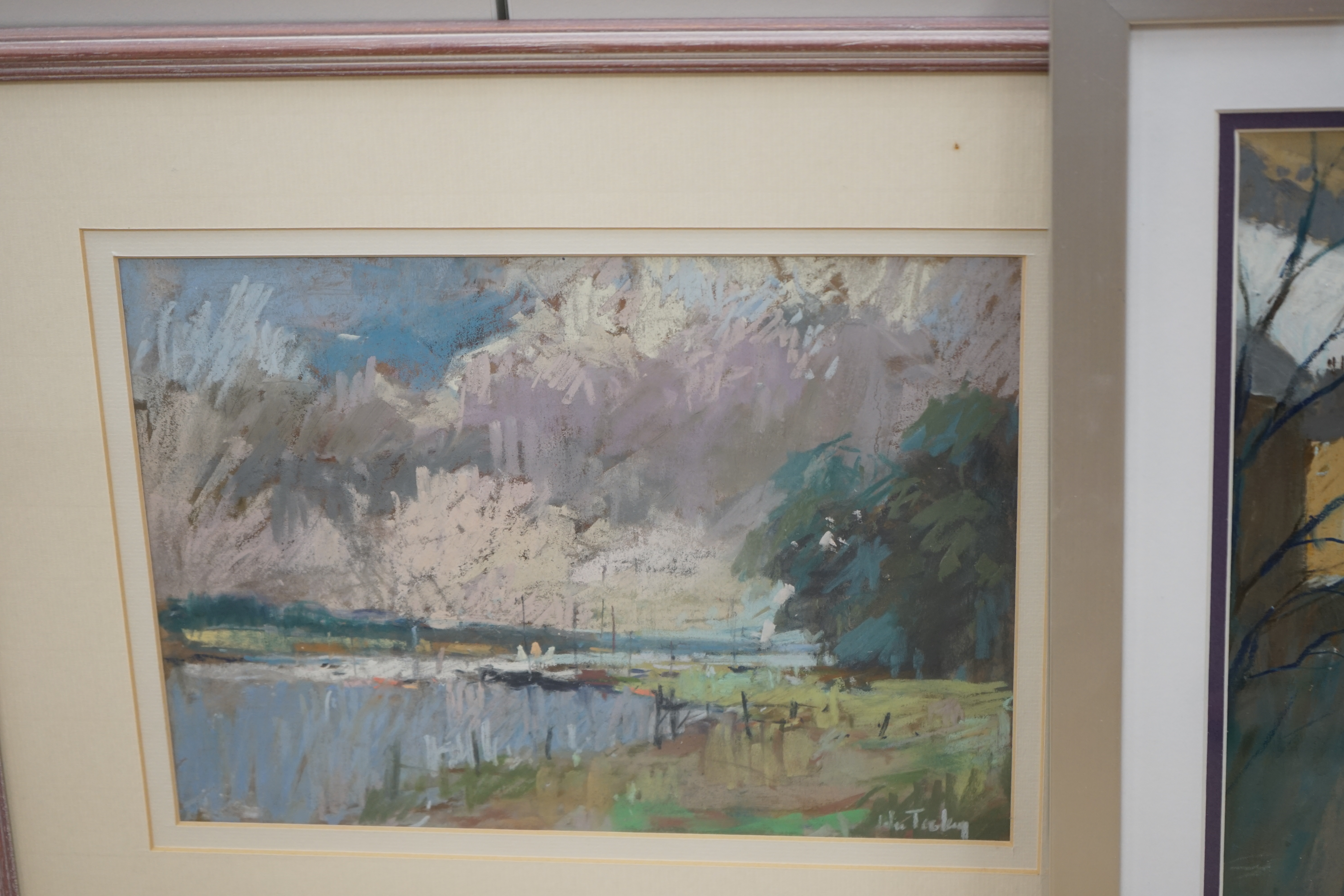 John Tookey (b.1947), two pastels, Landscapes, and a watercolour, Nude woman, each signed, 49 x 34cm. Condition - fair to good